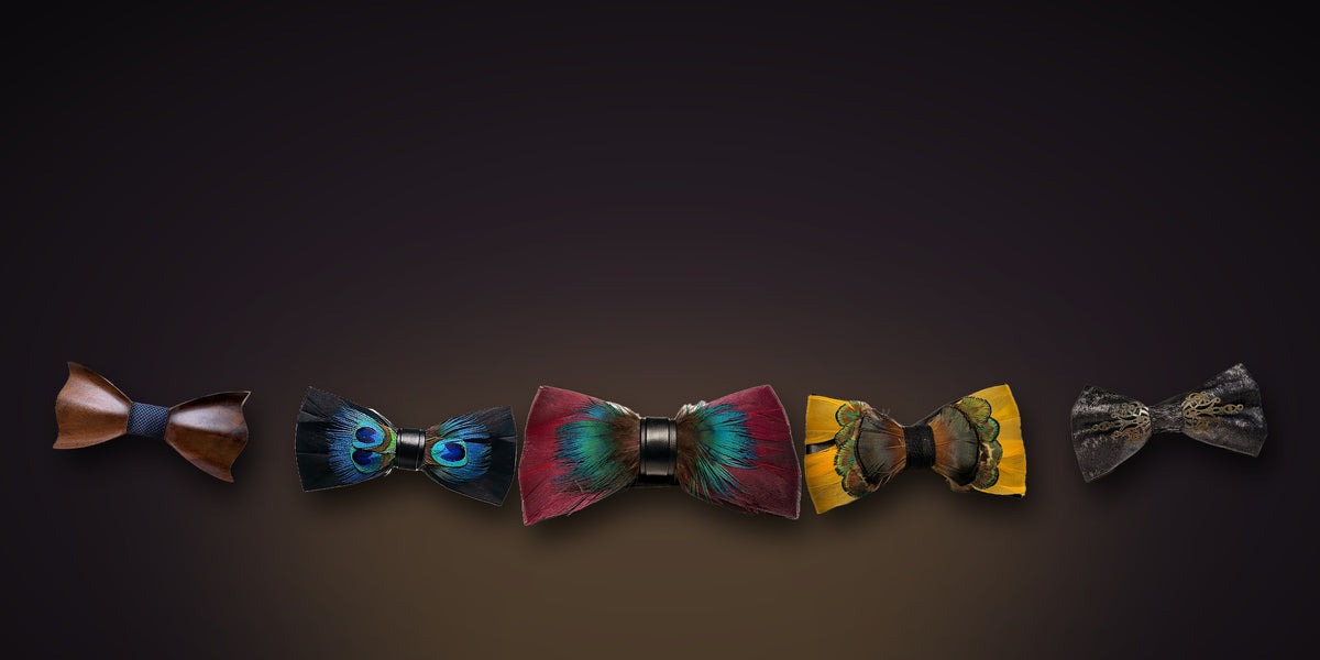 Special Bowties hand-assembled feather, wood and velvet bowties